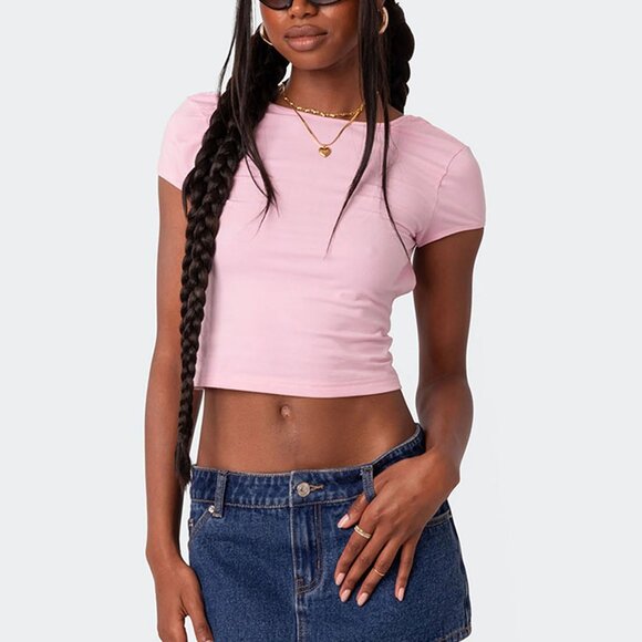 NWT Edikted Light Pink Bambi Open-Back T-Shirt, XS - Picture 2 of 5